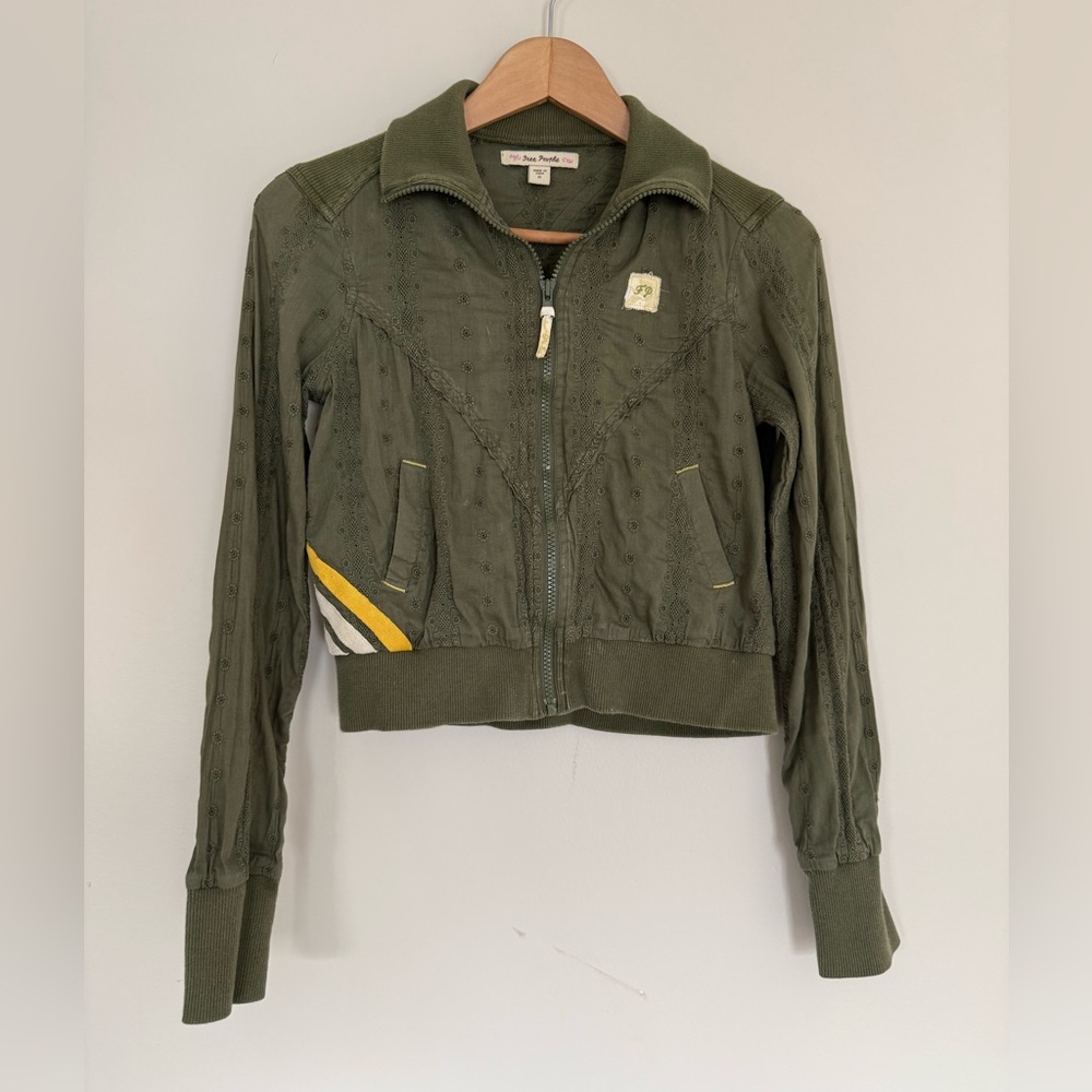 Vintage Y2K Free People Olive Green Lace Zip-Up Track Jacket Sz 0